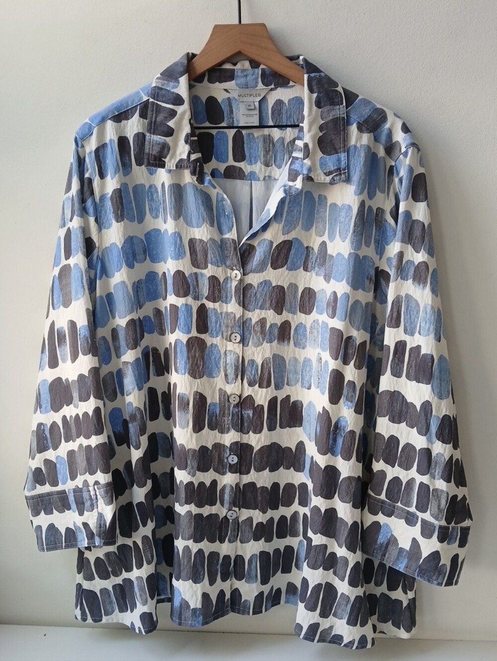 Multiples Button Front Shirt Blue Cream Print Women's 2X